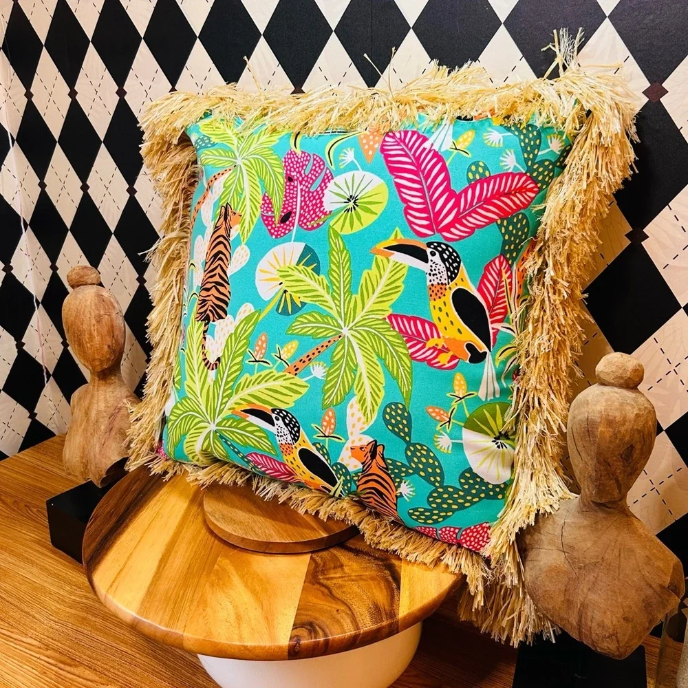 Oversized Statement Raffia Fringe Pillow Tropical Safari‎ Print 20”